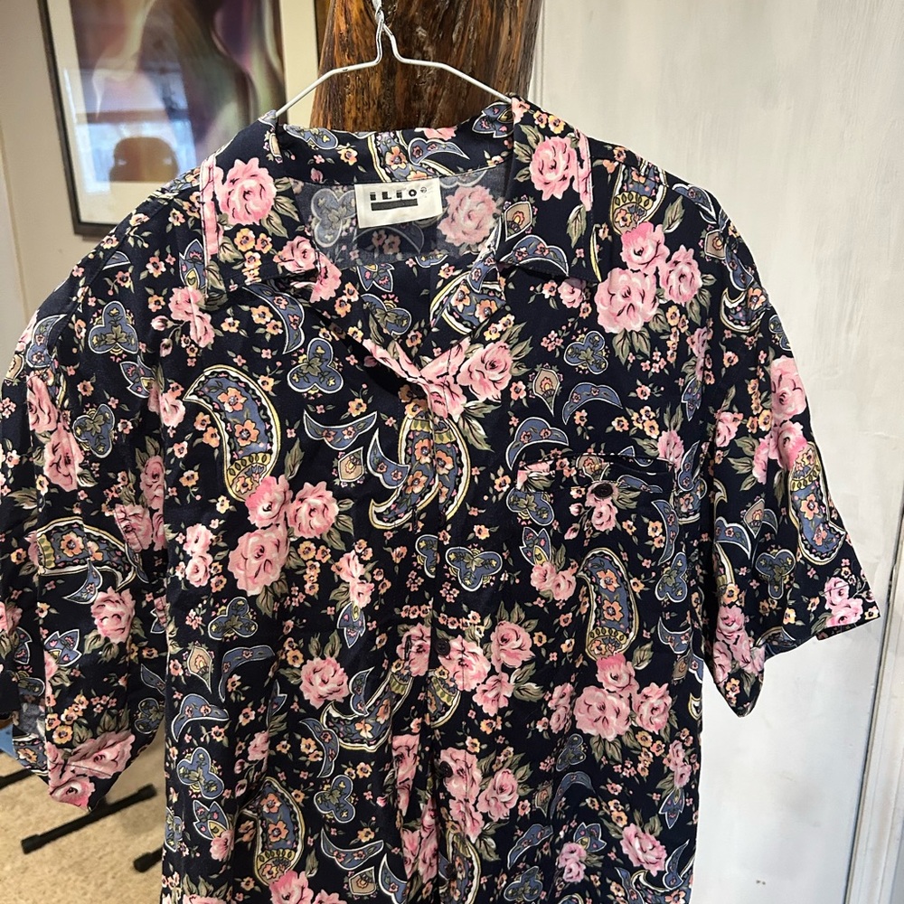 Elegant Women's Floral Paisley Pantsuit - Pink and Navy